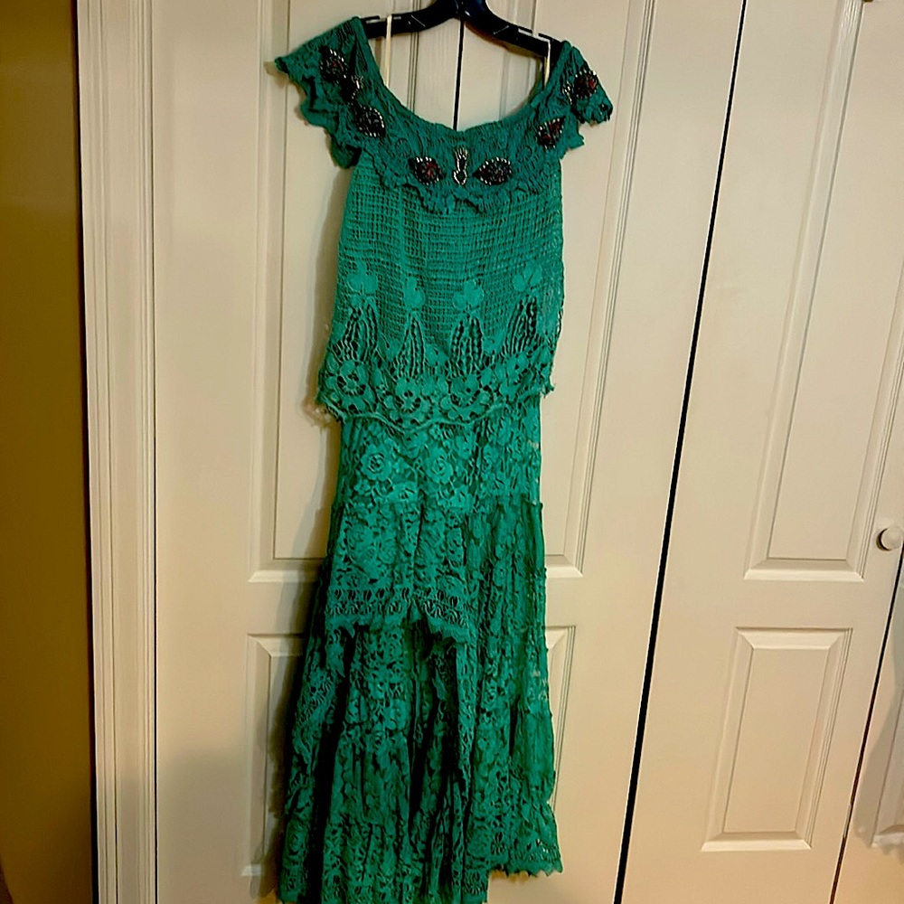 Boston Proper High low Turquoise embellished dress